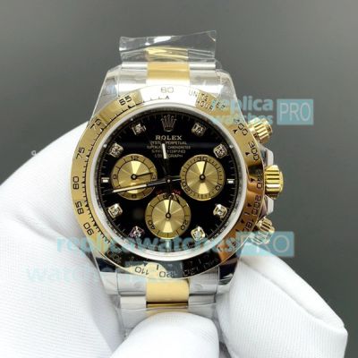 FH Factory 1:1 Copy Gain Weight Rolex 2-Tone Daytona Watch Black-Gold Dial with Diamonds 